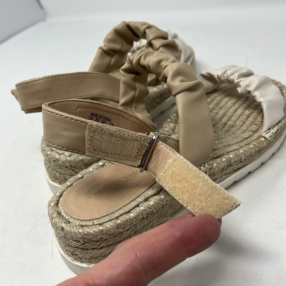 AMERICAN EAGLE ESPADRILLE WEDGE SANDAL VELCRO SLING BACK SOFT VEGAN LEATHER SZ 7 - Picture 8 of 14